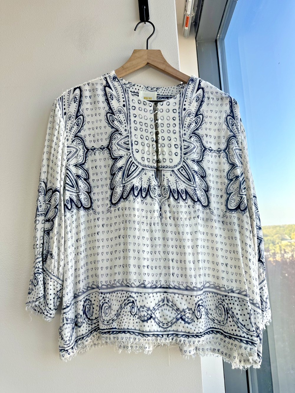 Anthropologie Maeve Morgan Blue Black Folk Boho Peasant Blouse Sz S